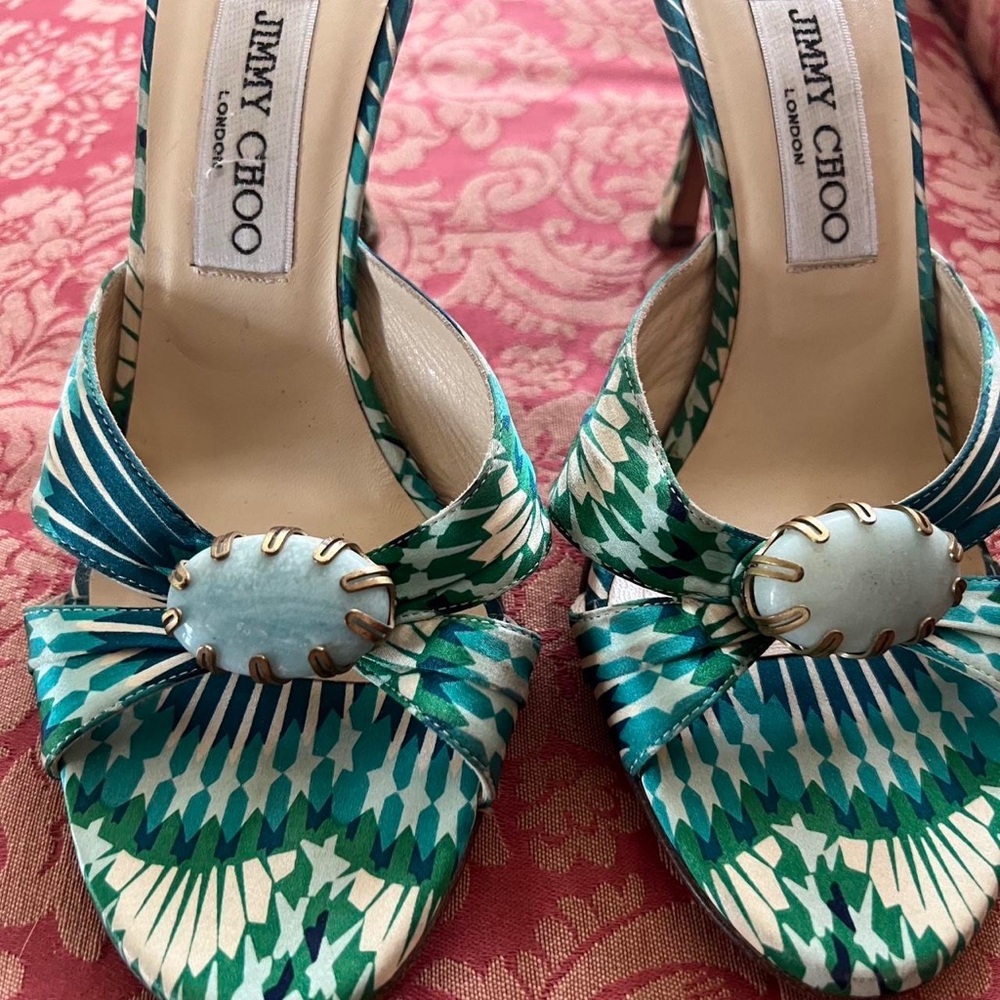 Jimmy Choo Green and White Heeled Sandals with Tropical Print
